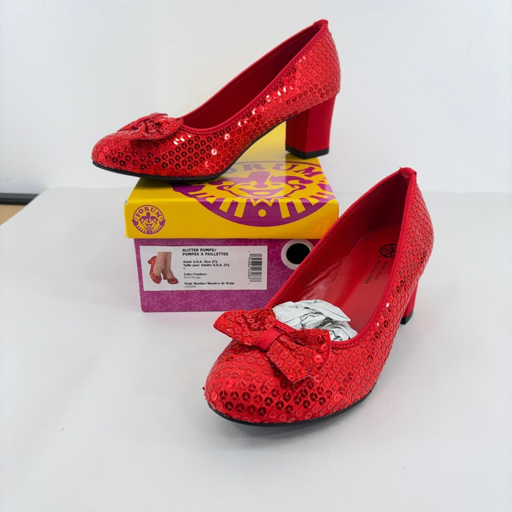 Rubies Forum Ruby Slippers Red Sequin Pumps Block Heel Bow Dorothy Shoes Sz 6